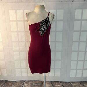 Sky maroon one shoulder embellished leaf beaded mini tunic dress